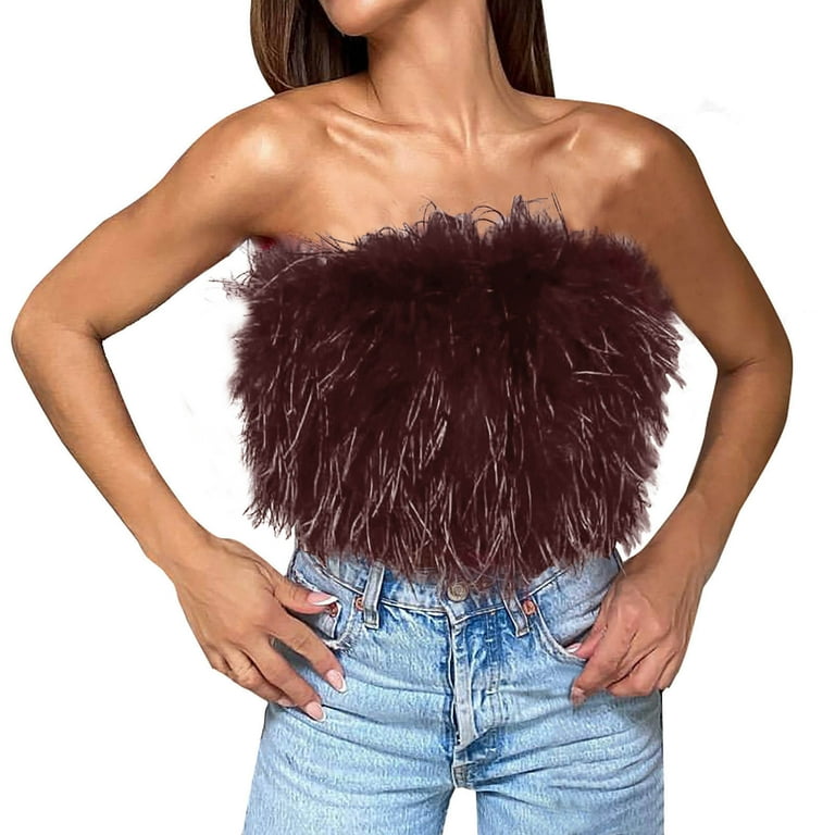 YYDGH Women Sexy Faux Fur Feather Crop Tops Strapless Bandeau Tube