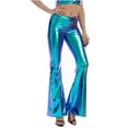 thumbnail image 1 of YYDGH Women Shiny Bell Bottom Bootcut Palazzo Leggings 70s Disco Wide Leg Pants High Waist Dance Yoga Trousers Blue Blue, 1 of 5