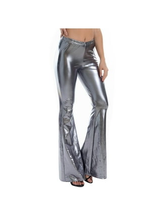 Women's 70s Disco Dance Party Shiny Metallic Flare Leggings High Waist Wide  Leg Bootcut Palazzo Glam Yoga Trousers