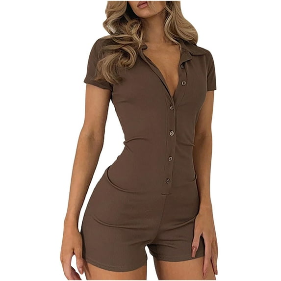 YYDGH Women Short Sleeve Knit Jumpsuit Button Down Lapel Collared Romper Bodycon One Piece Bodysuit Playsuit Brown M