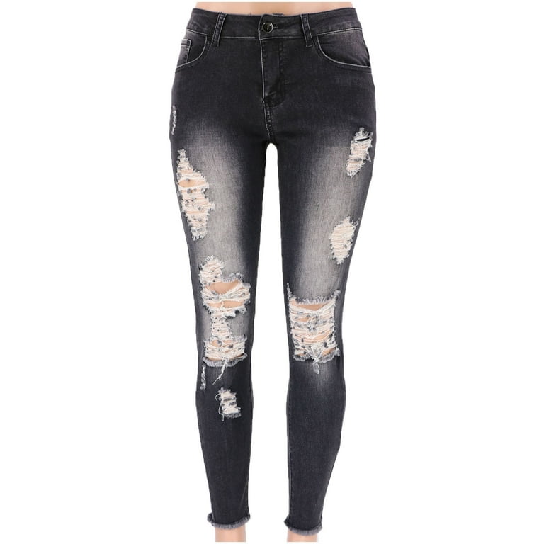 YYDGH Women Skinny Ripped Jeans Stretch Distressed Destroyed Denim Pants  Black XL 