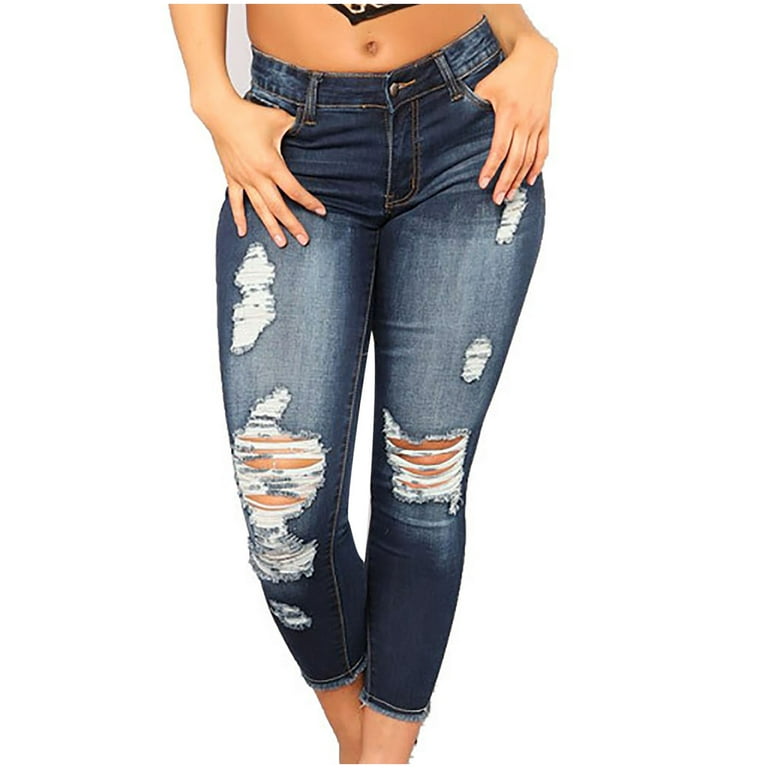 YYDGH Women Skinny Ripped Jeans Stretch Distressed Destroyed Denim Pants  Dark Blue L 