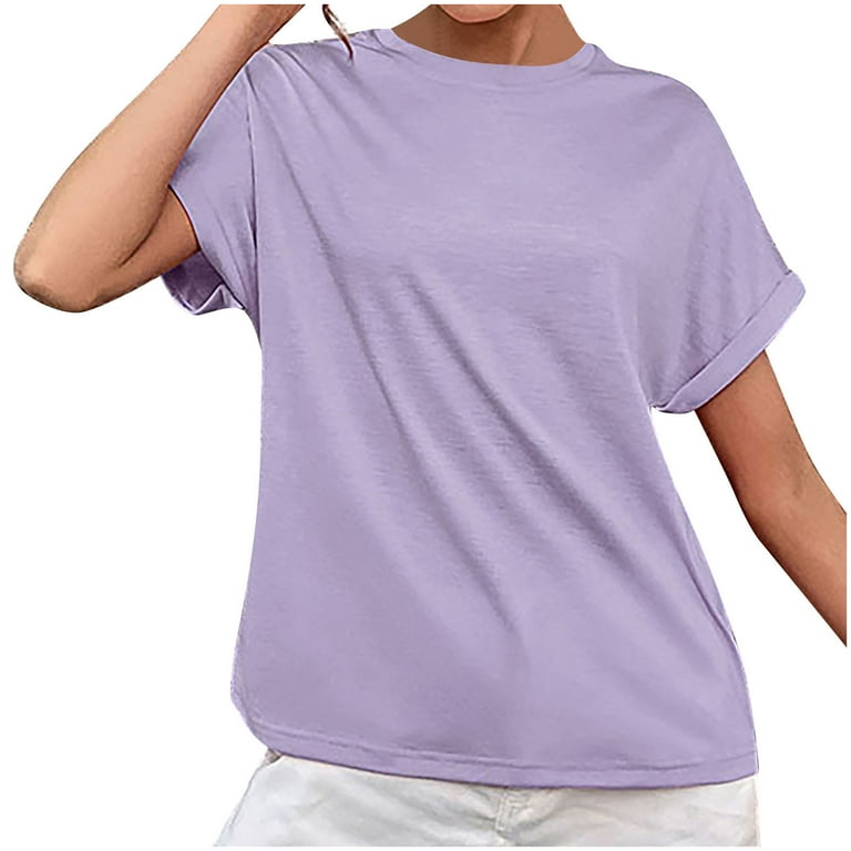 YYDGH Women Summer Tops Casual Short Sleeve Tee Shirt Crew Neck Solid Color T Shirt Purple M Walmart