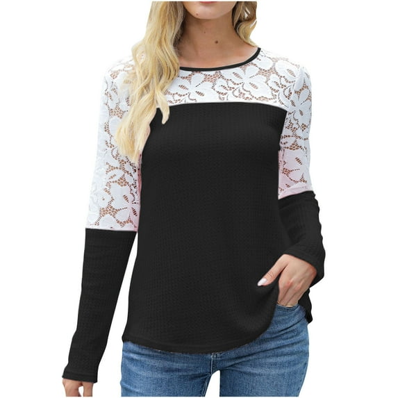 YYDGH Women Tunic Top Crew Neck Long Sleeve Lace Pullover Casual Tshirts Loose Blouses Waffle Knit Top Black S