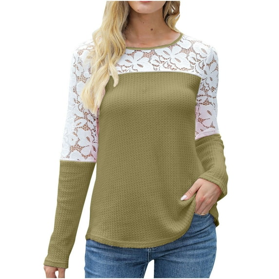 YYDGH Women Tunic Top Crew Neck Long Sleeve Lace Pullover Casual Tshirts Loose Blouses Waffle Knit Top Green XL