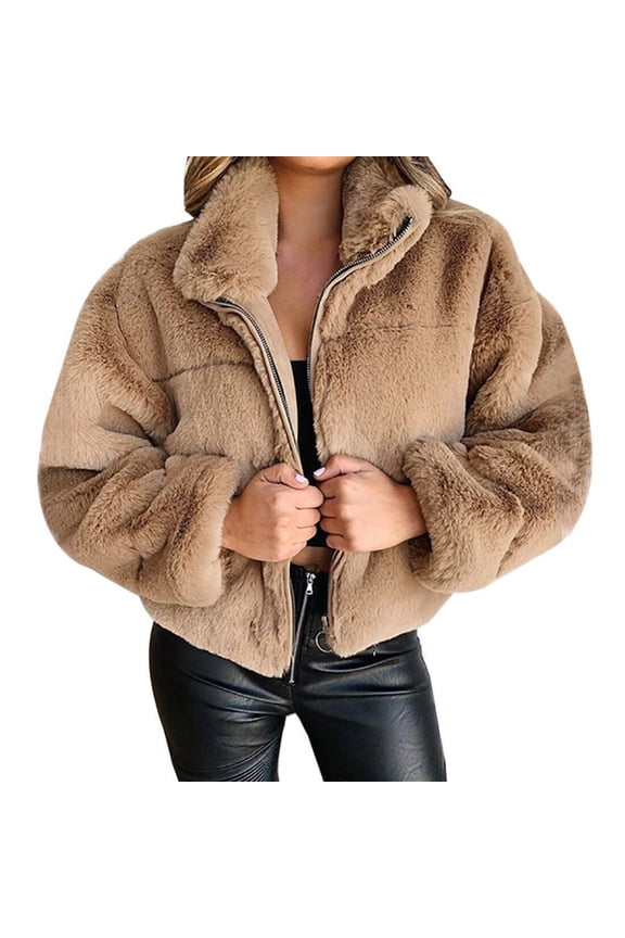 Women Warm Winter Short Jacket Solid Color Long Sleeve Shaggy Lapel Faux Fur Coat Zip Up Cropped Coat Outwear with Pockets