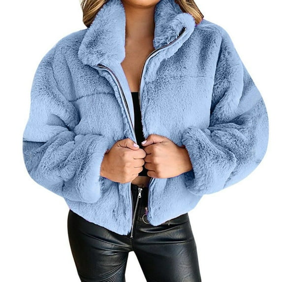 YYDGH Women Warm Winter Short Jacket Solid Color Long Sleeve Shaggy Lapel Faux Fur Coat Zip Up Cropped Coat Outwear with Pockets