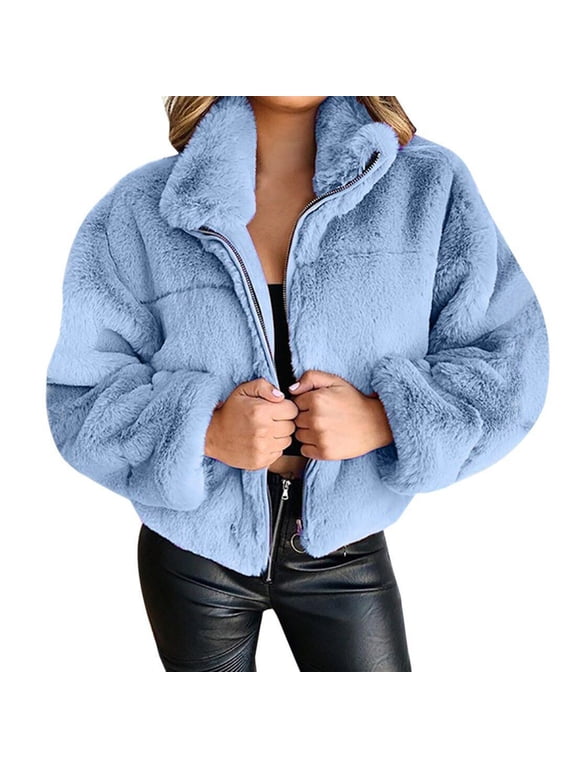 Women Warm Winter Short Jacket Solid Color Long Sleeve Shaggy Lapel Faux Fur Coat Zip Up Cropped Coat Outwear with Pockets