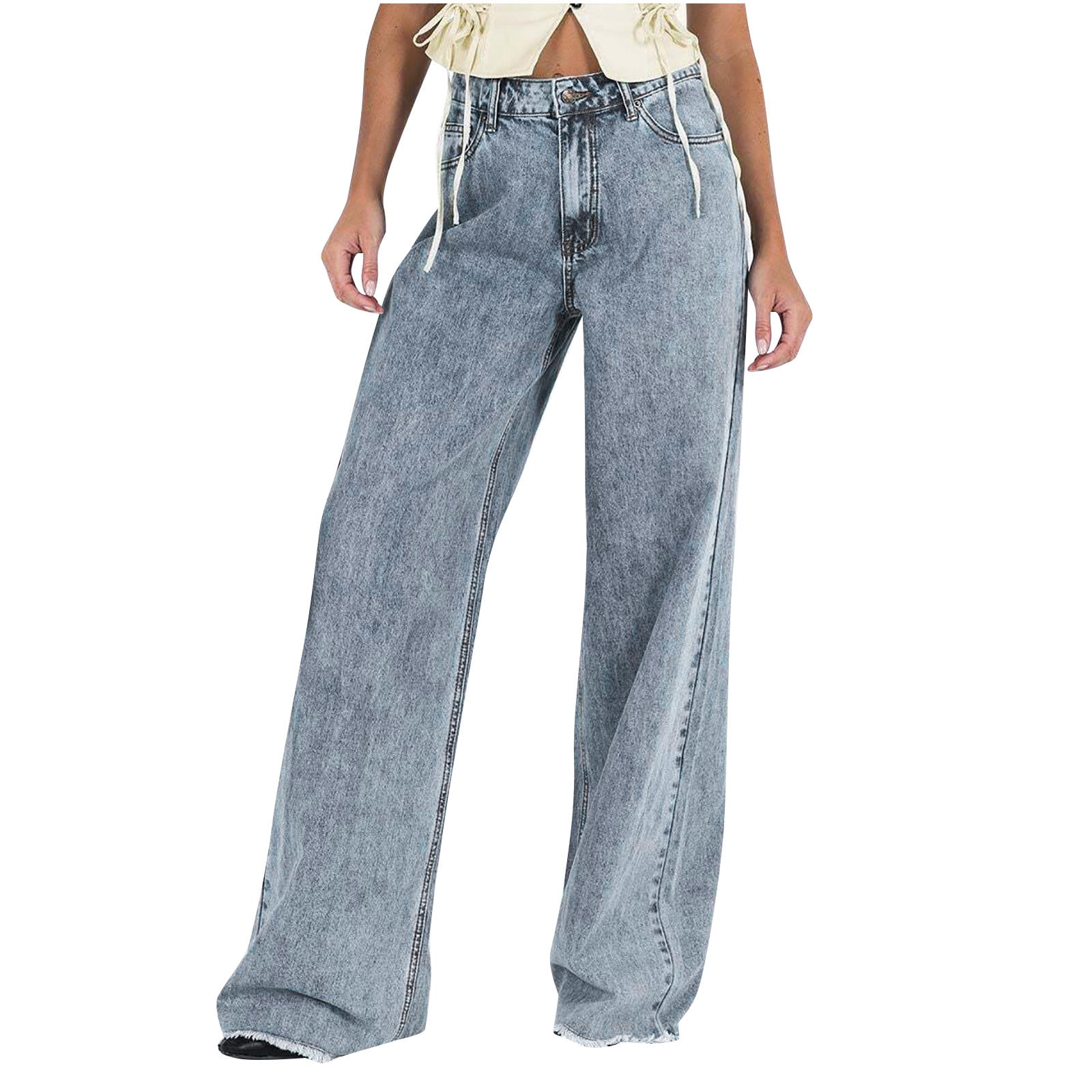 Women's Cropped Wide Leg Jeans - High Waisted Baggy Raw Hem Denim Pants With Pockets