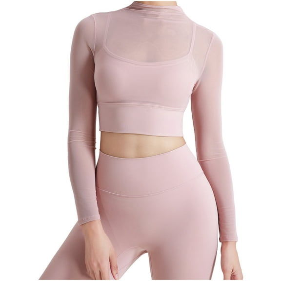 YYDGH Women Workout Crop Top Seamless Shirt Athletic Long Sleeve Mock Neck Mesh Yoga Fitness Tight Tee Pink XL