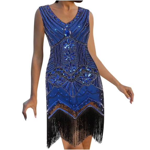 YYDGH Women's 1920s Flapper Dress Sequins Art Deco Fringed Sleeveless Dress Vintage Cocktail Party Dresses Blue XXL