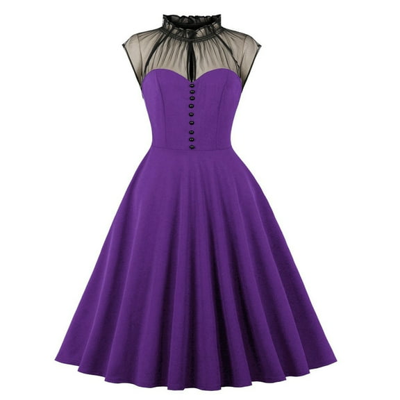 YYDGH Women's 1950s Audrey Retro Rockabilly Prom Dress Mock Neck Mesh Vintage Dresses 50's 60's A-Line Cocktail Party Swing Dress Purple XL