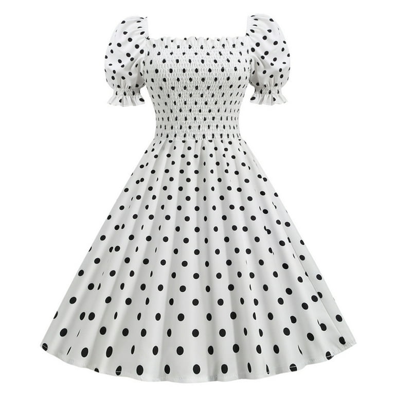 YYDGH Women's 1950s Vintage Dress Square Neck Puff Sleeve Smocked Cocktail  Party Dress Retro Polka Dot A-Line Swing Dresses White L 