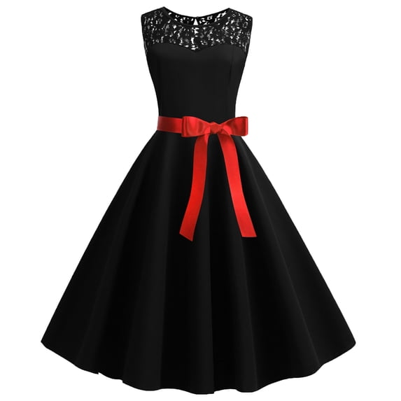 YYDGH Women's 1950s Vintage Rockabilly Swing Dress Crew Neck Floral Lace Cocktail Party Dress Wedding Prom Evening Dresses Black XXL