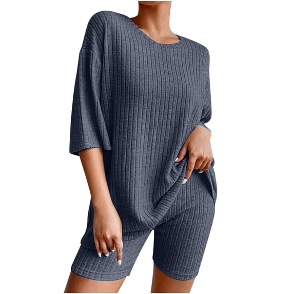 YYDGH Women's 2 Piece Outfits Ribbed Lounge Sets Tracksuit Short Sleeve Drop Shoulder Oversized Tee Shirt and Shorts Set Dark Blue L