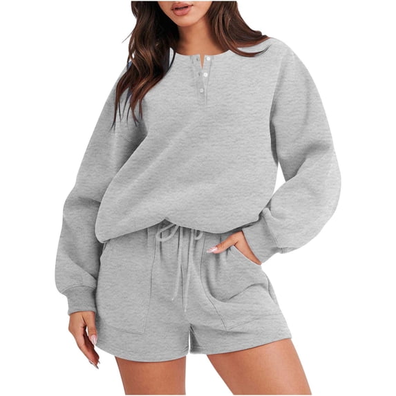 YYDGH Women’s 2 Piece Outfits Sweatsuit Oversized Crew Neck Button Down Long Sleeve Pullover Henley Sweatshirt and Shorts Matching Lounge Set Fall Tracksuits Gray M