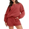 thumbnail image 1 of YYDGH Women’s 2 Piece Outfits Sweatsuit Oversized Crew Neck Button Down Long Sleeve Pullover Henley Sweatshirt and Shorts Matching Lounge Set Fall Tracksuits Red L, 1 of 4