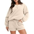 thumbnail image 1 of YYDGH Women’s 2 Piece Outfits Sweatsuit Oversized Crew Neck Button Down Long Sleeve Pullover Henley Sweatshirt and Shorts Matching Lounge Set Fall Tracksuits Khaki XXL, 1 of 4