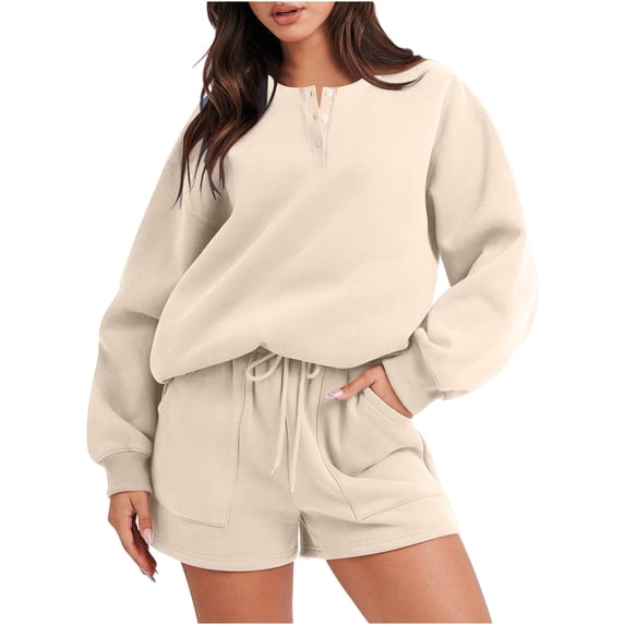 YYDGH Women’s 2 Piece Outfits Sweatsuit Oversized Crew Neck Button Down Long Sleeve Pullover Henley Sweatshirt and Shorts Matching Lounge Set Fall Tracksuits Khaki XXL