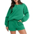 thumbnail image 1 of YYDGH Women’s 2 Piece Outfits Sweatsuit Oversized Crew Neck Button Down Long Sleeve Pullover Henley Sweatshirt and Shorts Matching Lounge Set Fall Tracksuits Green S, 1 of 4