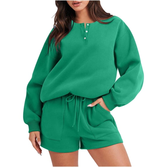 YYDGH Women’s 2 Piece Outfits Sweatsuit Oversized Crew Neck Button Down Long Sleeve Pullover Henley Sweatshirt and Shorts Matching Lounge Set Fall Tracksuits Green S