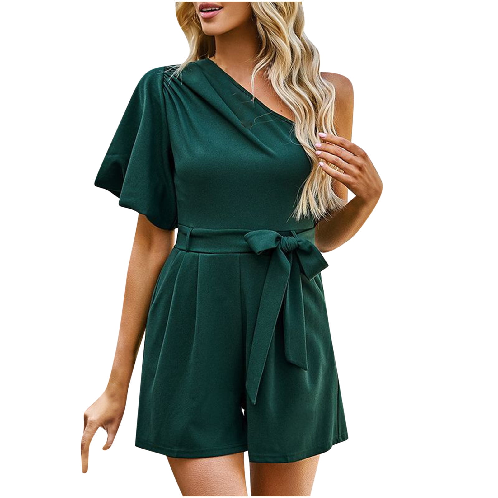 YYDGH Women's 2023 Summer One Shoulder Romper Ruffle Short Sleeve Boho  Floral Print Tie Waist Party Beach Casual Short Jumpsuits Army Green L