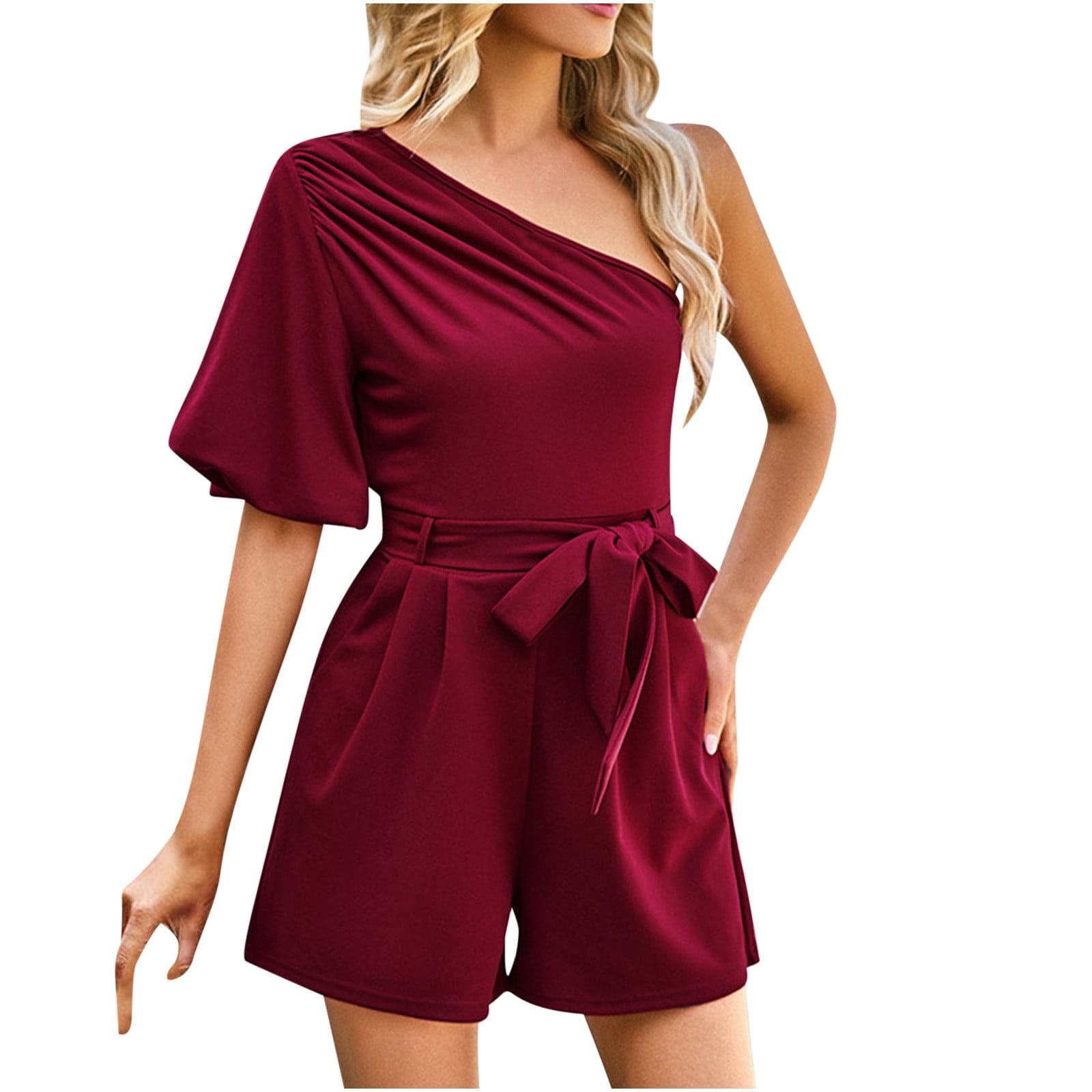 YYDGH Women's 2023 Summer One Shoulder Romper Ruffle Short Sleeve Boho  Floral Print Tie Waist Party Beach Casual Short Jumpsuits Wine Red S