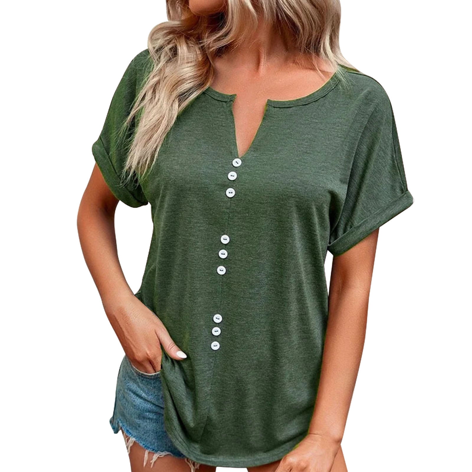 YYDGH Women's 2023 Summer V Neck Shirts Batwing Short Sleeve Button Blouse  Solid Color Loose Tunic Top Green S 