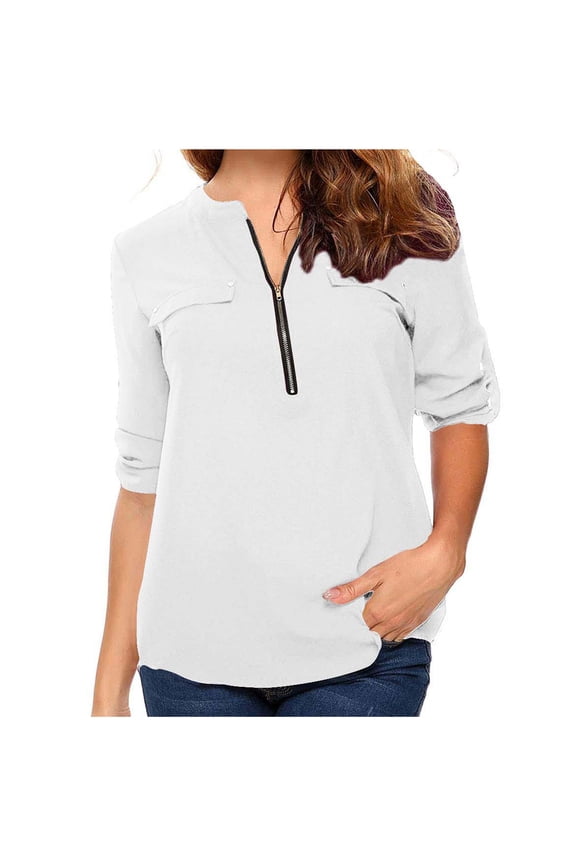 Women's 3/4 Sleeve Collared Blouses Business Casual Zip Front V Neck Loose Fit Tunic Tops White 4XL