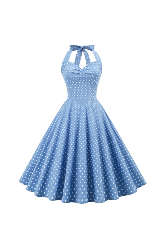 Women's 50s 60s Vintage Dress Halter Polka Dot Cocktail Corset Dress Prom Tea Party Wedding A Line Swing Dress for Women Light Blue L