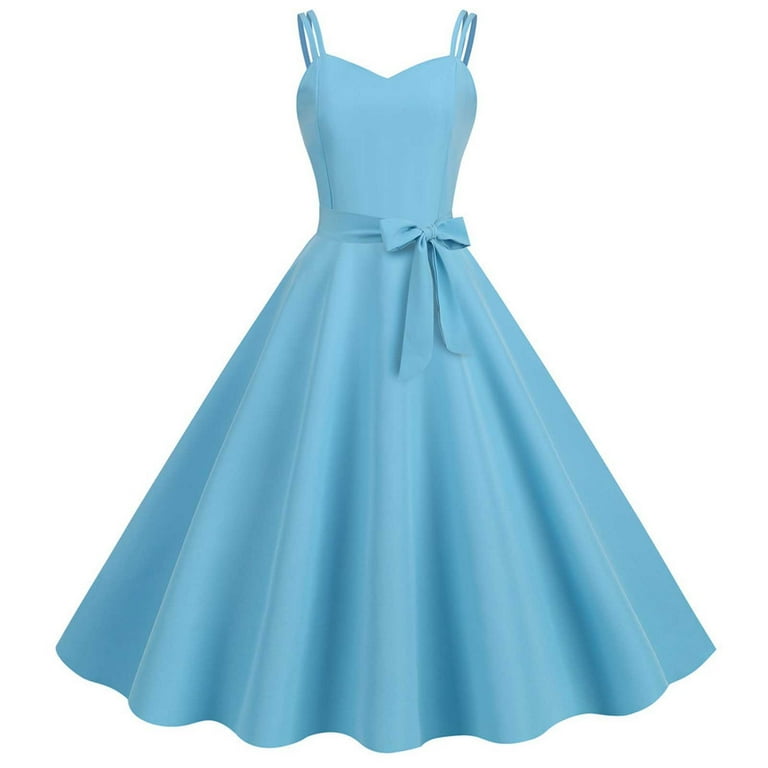 YYDGH Women s 50s 60s Vintage Dresses V Neck Sleeveless Spaghetti Strap Cocktail Party Dress Solid Color A Line Swing Tea Dress Blue S Walmart