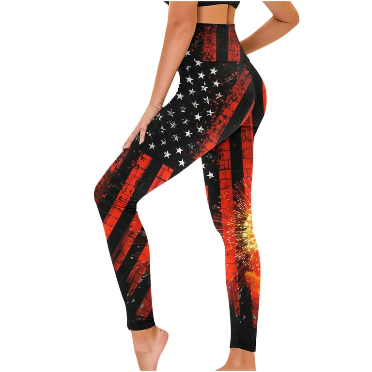 YYDGH Women's American Flag Leggings Stripes Patriotic Yoga High Waisted  Soft 4th of July Stretchy Pants Black Red S 