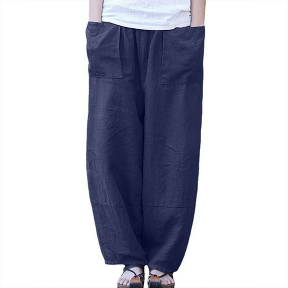 YYDGH Women's Baggy Linen Pants Wide Leg Trousers Casual Solid Color Elastic Waist Harem Pants with Pockets Dark Blue Dark Blue