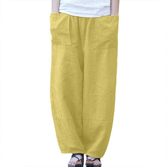 YYDGH Women's Baggy Linen Pants Wide Leg Trousers Casual Solid Color Elastic Waist Harem Pants with Pockets Yellow Yellow