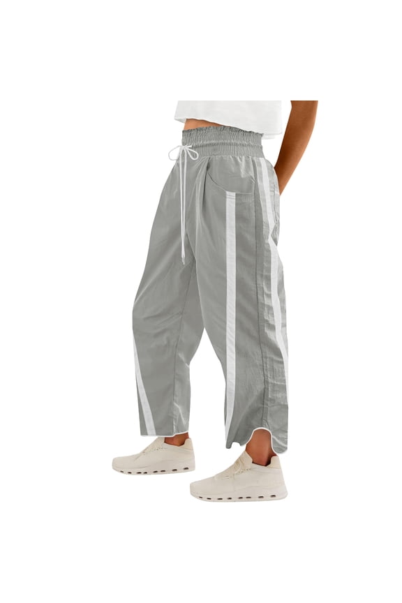 Women's Baggy Wide Leg Pants Casual Drawstring Elastic Waisted Barrel Trousers Contrast Color Workout Track Pants