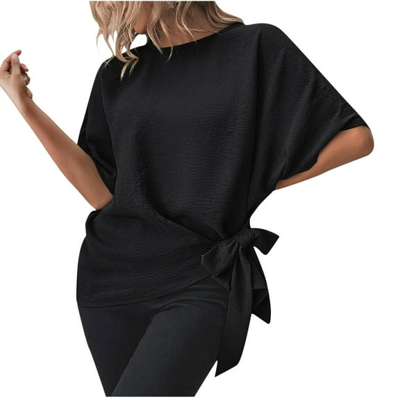 YYDGH Women's Batwing Sleeve Tie Knot Side Tops Round Neck Solid Color Blouse Shirt Black XL