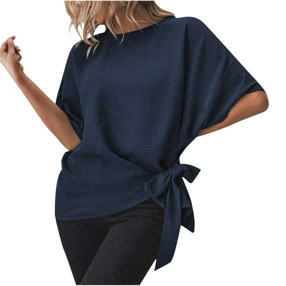 YYDGH Women's Batwing Sleeve Tie Knot Side Tops Round Neck Solid Color Blouse Shirt Navy Blue L