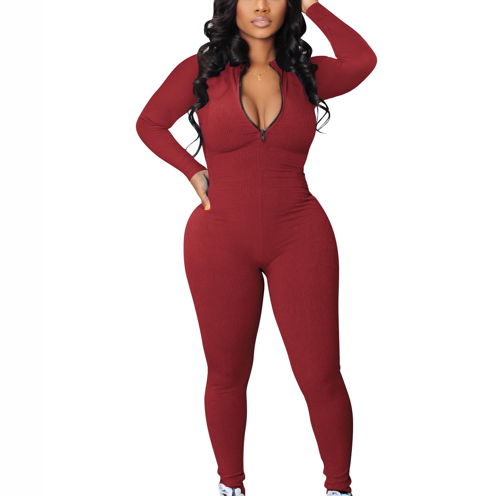 YYDGH Women s Bodycon Jumpsuits Sexy Mock NeckZipper Long Sleeve Ribbed One Piece Pants Solid Color Rompers Red L Walmart