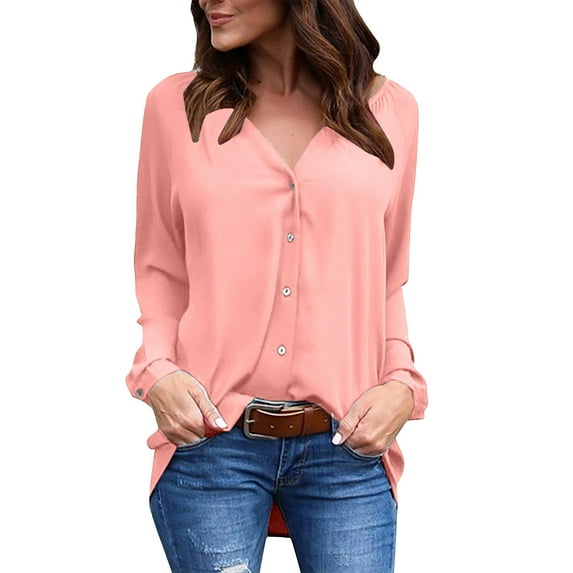 YYDGH Women's Business Casual Tops Fall V Neck Pleated Blouses Solid Color Long Sleeve Button Down Shirts Pink S