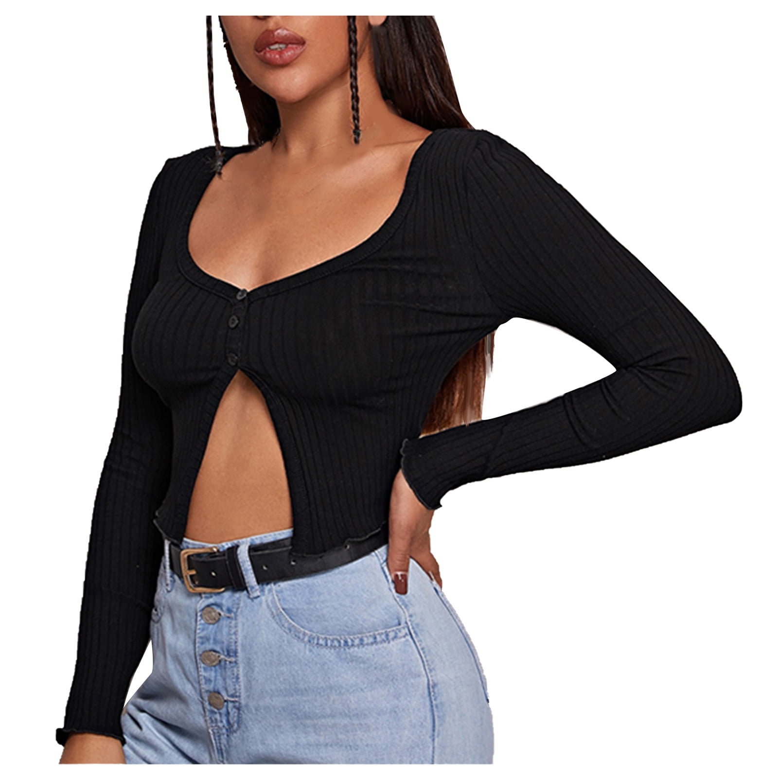 YYDGH Women's Button Front V Neck Long Sleeve Slit Hem Crop Top Solid Color  Ribbed Knit T-Shirt Black S