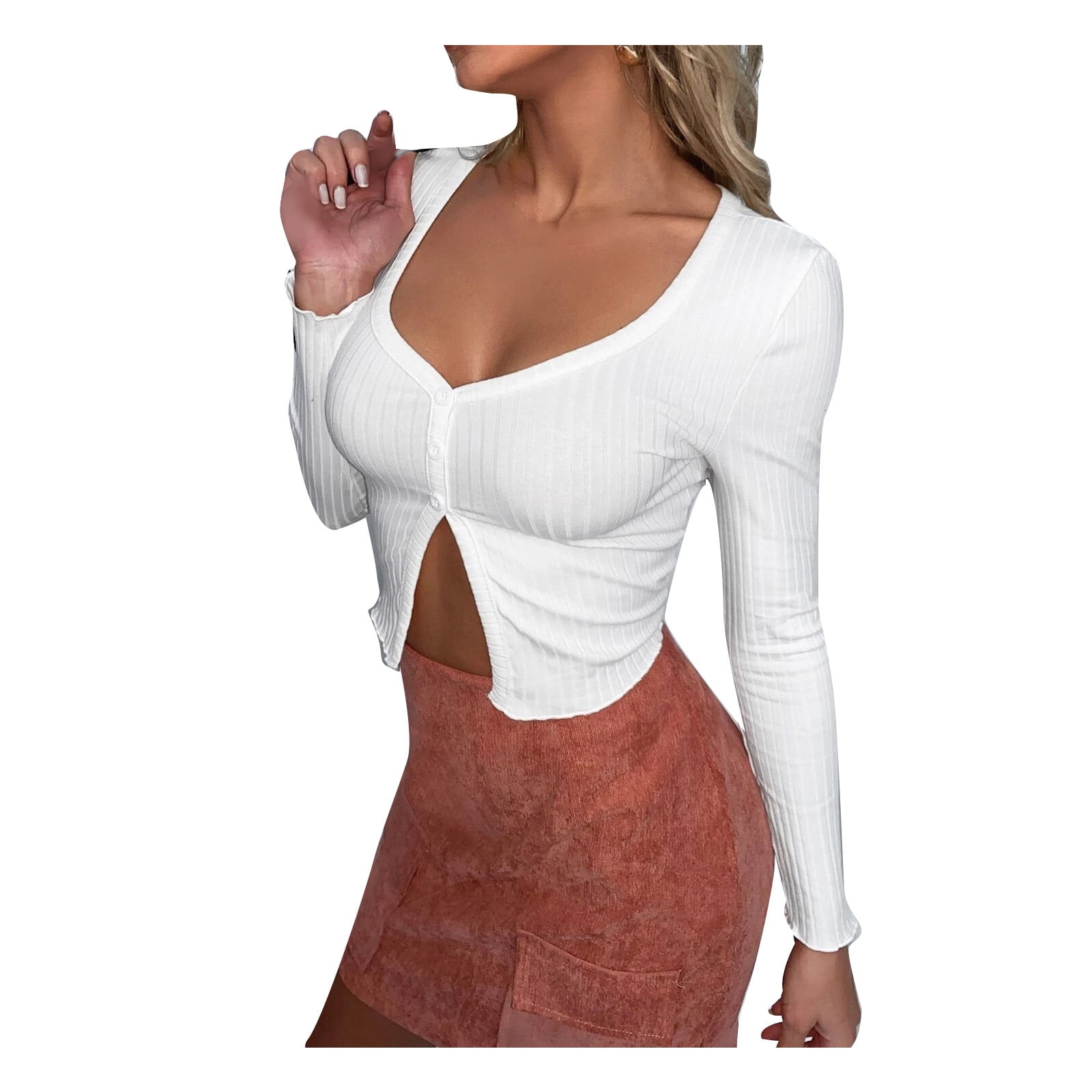white long sleeve button crop top