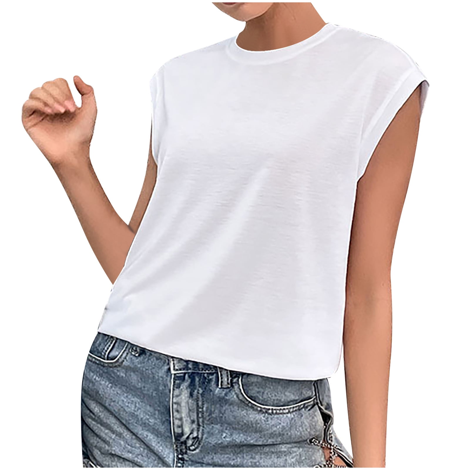 YYDGH Women's Cap Sleeve Tank Top Crew Neck T Shirts Loose Fit Basic Summer  Casual Workout Tee Tops White S