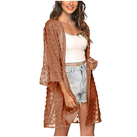 YYDGH Women's Cardigan Swiss Dot Ruffle Sleeve Sheer Mesh Kimono Cardigans Swimsuit Summer Lightweight Open Front Cover Ups Khaki L