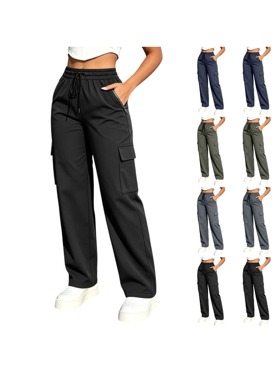 Women's Cargo Pants Drawstring Elastic High Waist Straight Leg Pants Loose Casual Outdoor Hiking Lounge Trousers with Zip Pockets