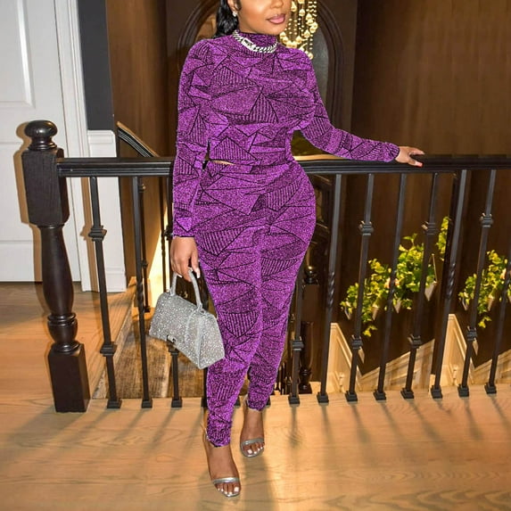YYDGH Women’s Casual 2 Piece Outfits Sexy Bodycon Long Sleeve Crop Top with Long Pants Tracksuit Set Jumpsuits Purple XXL