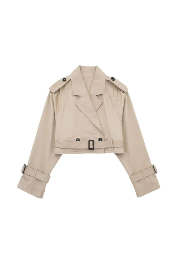 Women's Casual Lapel Double Breasted Trench Jacket Cropped Pea Coat Outwear with Belt Khaki S