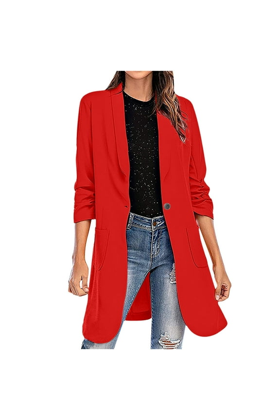 Women's Casual Long Blazers Long Sleeve Lapel Oversized Suit Jacket Elegant Work Office Blazer Jackets Red XXL