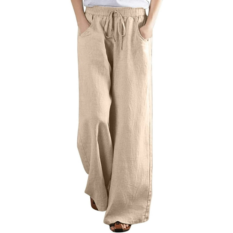 YYDGH Women's Cotton Linen Drawstring High Waisted Pants Casual Loose Fit  Wide Leg Trousers Beige Beige
