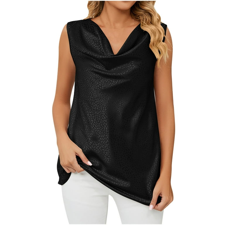 YYDGH Women s Cowl Neck Camisole Silk Satin Tank Top Draped Sleeveless Summer Cami Blouse Black M Walmart