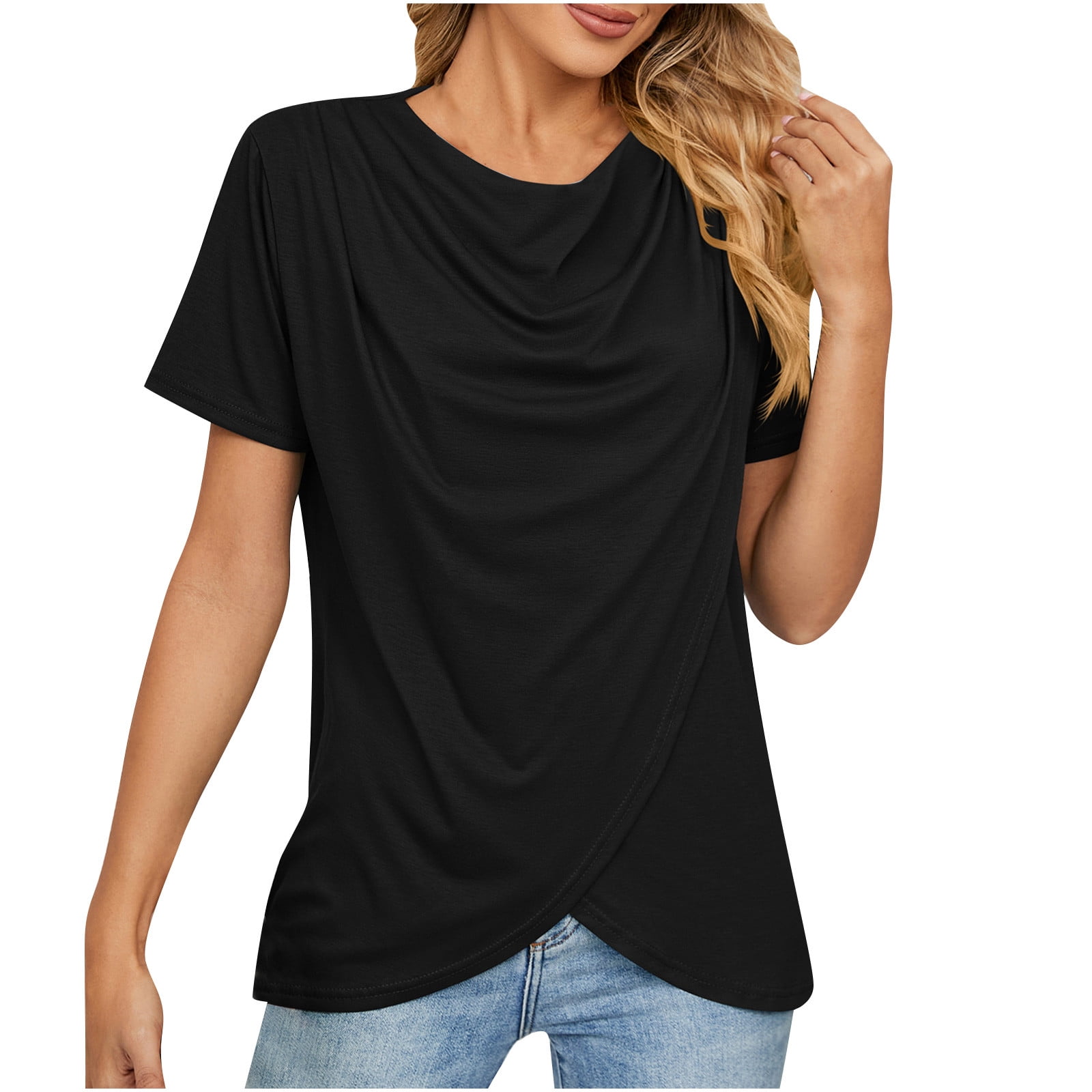 Women Casual Top Square Neck Short Sleeve Button Slit Print T Shirt Short  Sleeve Tops for Women Summer Black